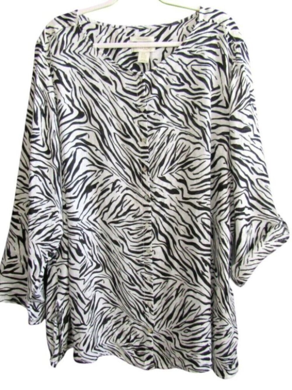 Cynthia Rowley Zebra White Black 100% Linen Button Top Size 3X Roll Tab Sleeve